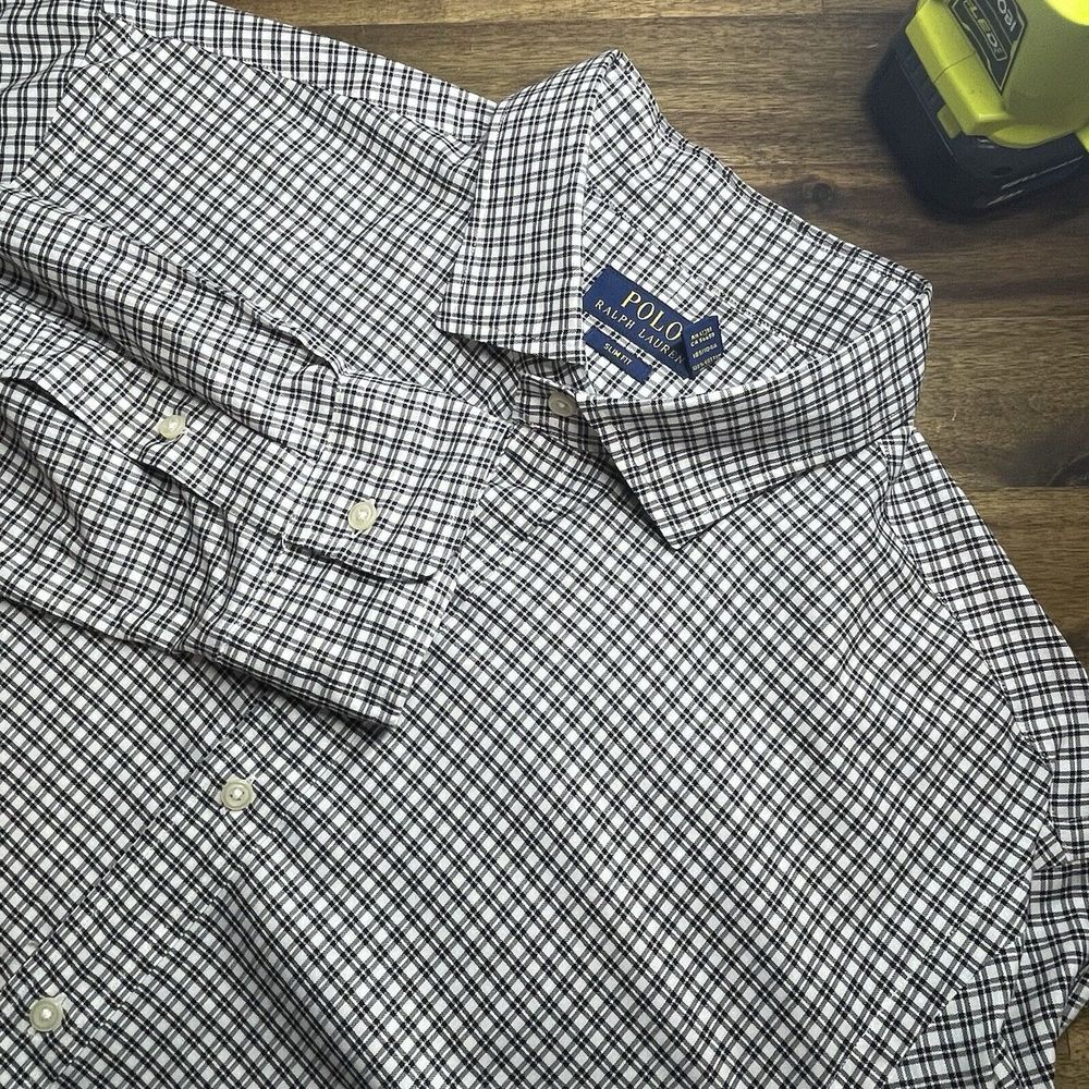 Polo Ralph Lauren Button Up Shirt Mens XL Black/white Plaid Slim Fit Lightweight